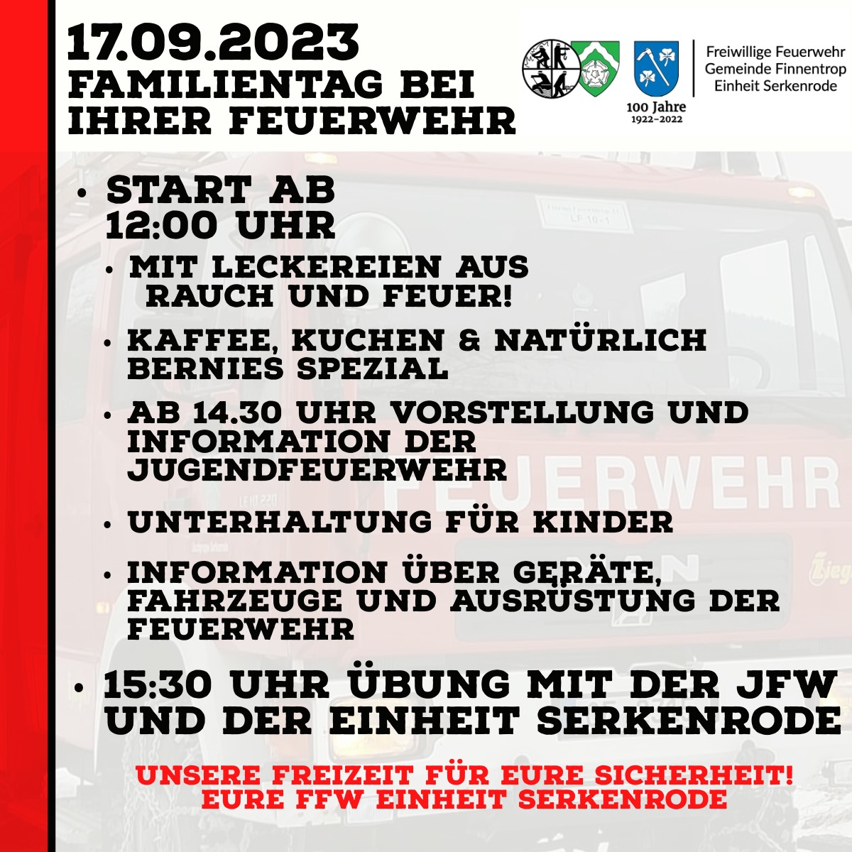 Einladung der Freiwilligen Feuerwehr Löschgruppe Serkenrode zum Feuerwehrfest. Schlauchparty am 16.09. und Familientag am 17.09.2023