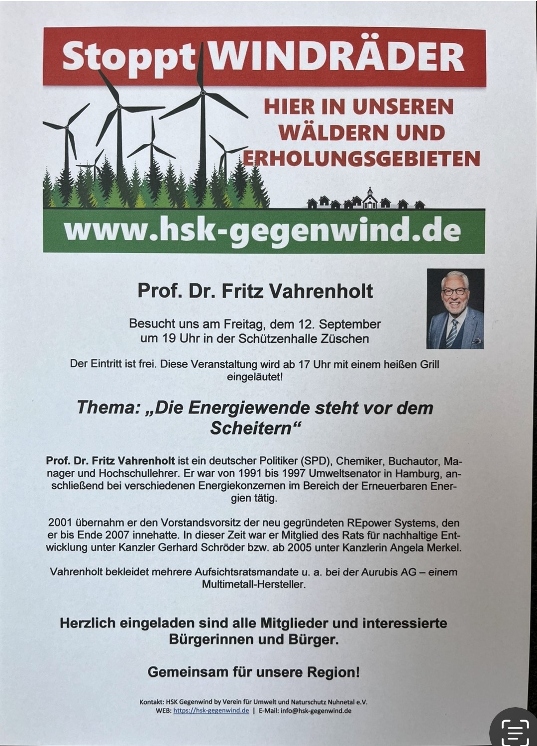 Plakat der gegenwind-hsk mit einer Einladung zum Thema  Die Energiewende steht vor dem Scheitern mit Prof. Dr. Fritz Vahrenholt