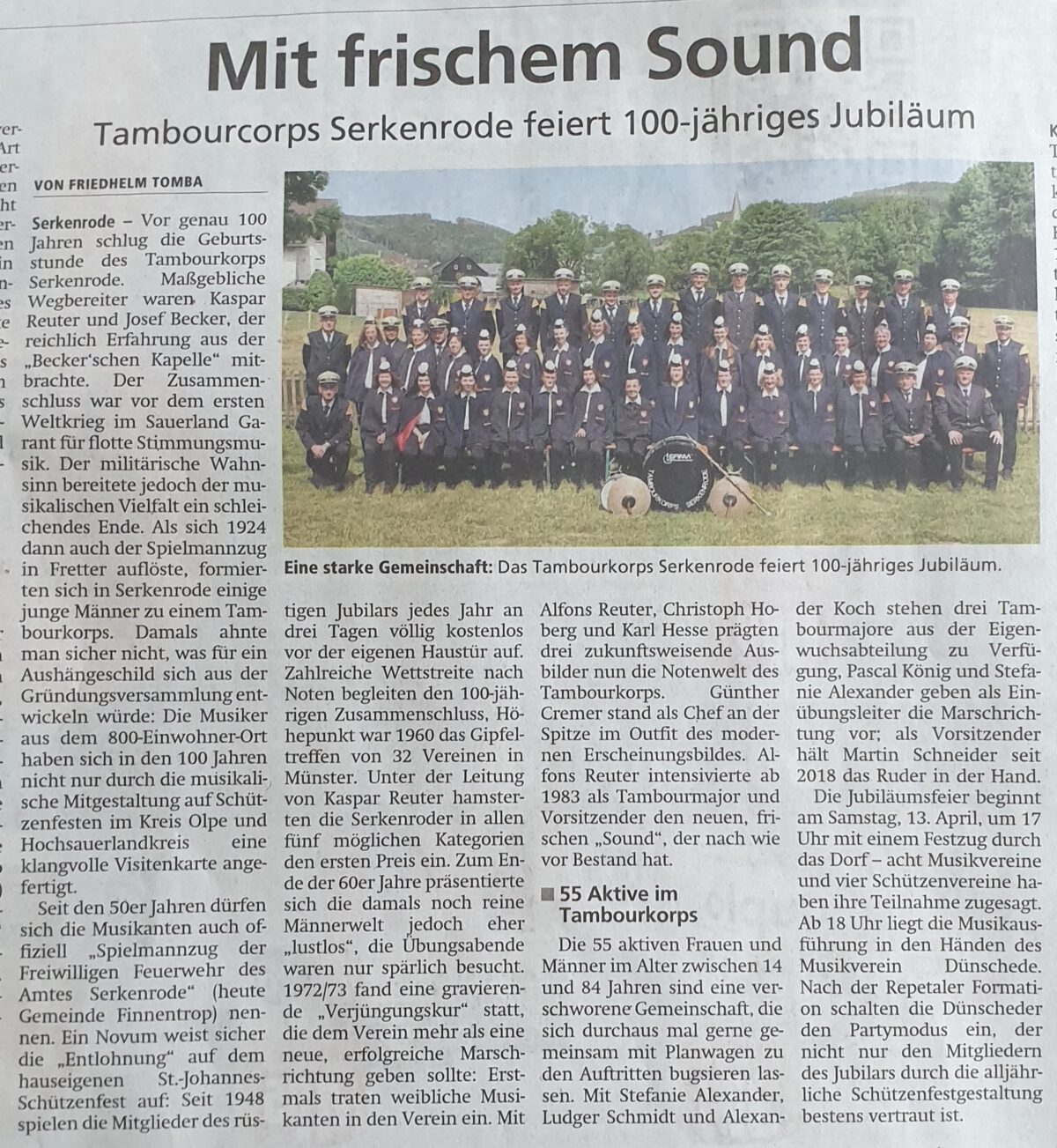 Friedhelm Tomba Artikel im Sauerlandkurier zum 100-jährigen Jubiläum des Tambourkorps Serkenrode, 22.03.2024